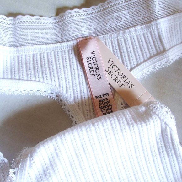 Victorias Secret Cotton Thong Panty S  XL Logo Waist Pointelle Snow White NWT - Picture 7 of 7